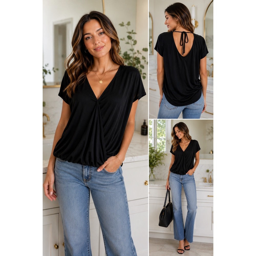 Green Envelope Womens M Black Surplice Faux Wrap Blouson Short‎ Sleeve Stretch